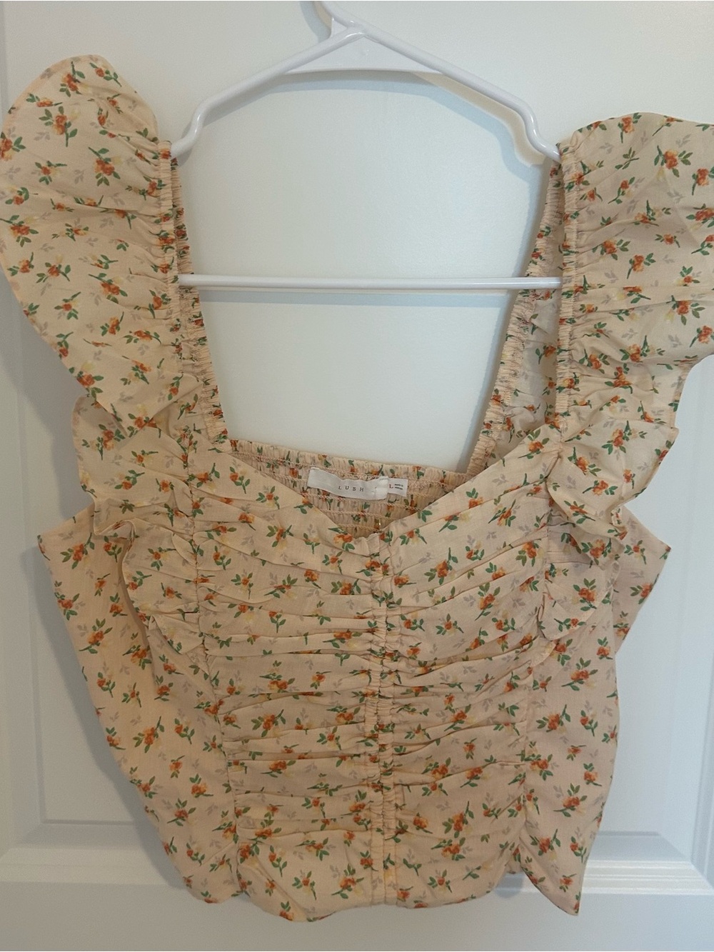 Lush Cream Floral Ruffled Square-Neck Tank Top
